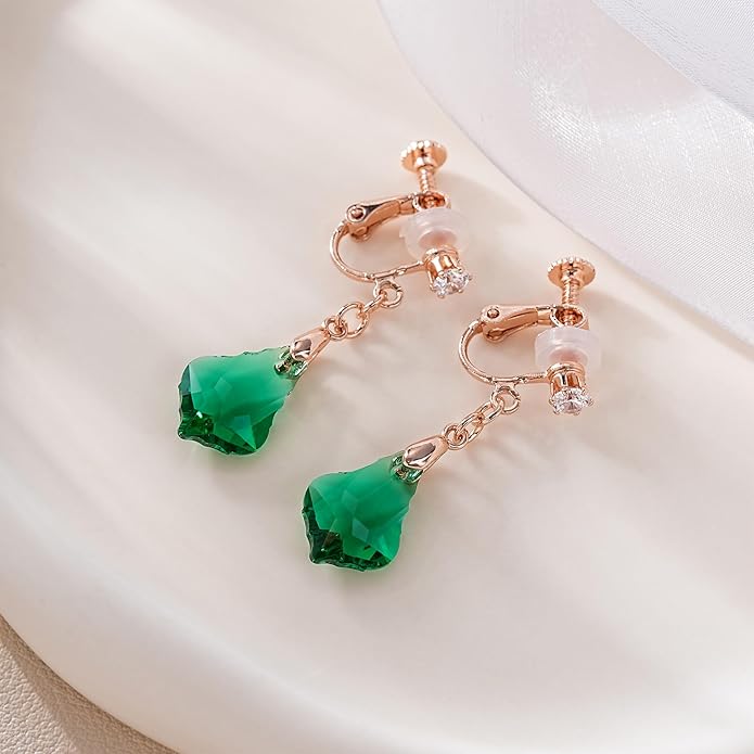 Austrian Crystal Baroque Drop Clip On Dangle Earrings for Women Non Pierced 14K Rose Gold Plated Hypoallergenic Jewelry