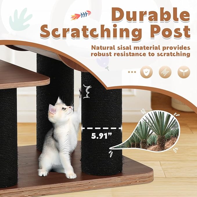 70.9'' Black Cat Tree for Indoor Cats Large Adult, Heavy Duty Cat Tower with Scratching Post, Modern Kitty Tree with Removable Mats, Semi-closed Condo and Transparent Bowl, Wooden Luxury Cat Furniture-PurrikoPets