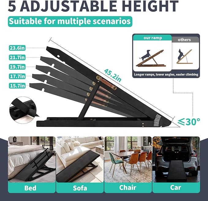 Dog Ramp, 5 Level Adjustable Wooden Folding Pet Ramp for Middle Bed, Couch,SUV-High Traction, Portable Paw Ramps for Small & Large Old Dogs & Cats - Furniture Quality-PurrikoPets