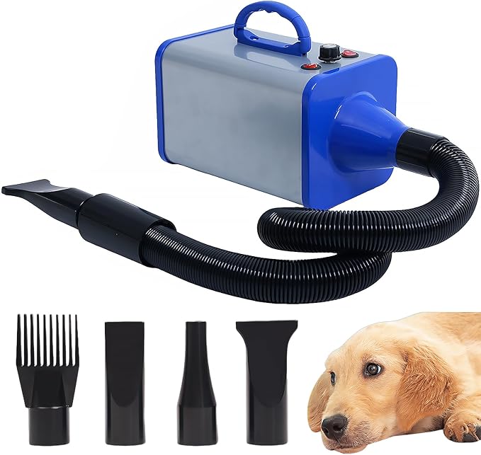 2400w 75m/s Dog Dryer for Pet Grooming, High Velocity Pet Hair Dryer with Heater, Adjustable Speed, 4 Nozzles and a Comb, Blue-PurrikoPets
