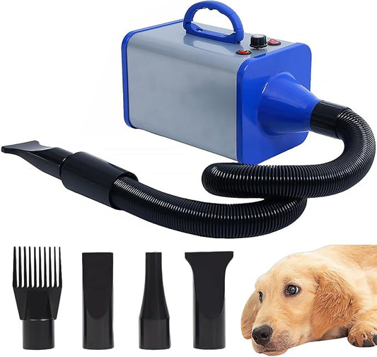 2400w 75m/s Dog Dryer for Pet Grooming, High Velocity Pet Hair Dryer with Heater, Adjustable Speed, 4 Nozzles and a Comb, Blue-PurrikoPets