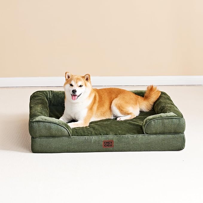 EHEYCIGA Orthopedic Dog Bed for Small Dogs, Waterproof Memory Foam Small Dog Beds with Sides, Non-Slip Bottom and Egg-Crate Foam Medium Pet Couch Bed with Washable Removable Cover, Dark Green-PurrikoPets