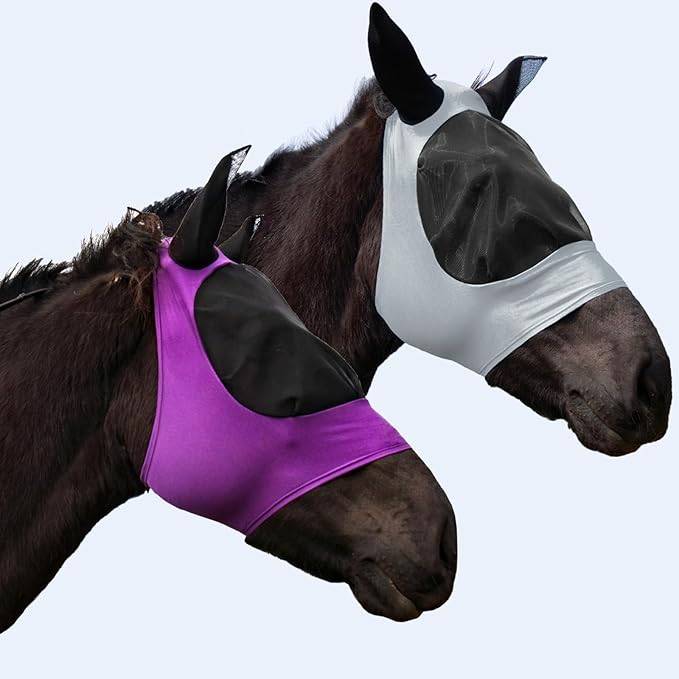 2 Piece Horse Fly Mask with Ears, Comfortable Fit Stretch Fabric Big Eye Space Soft Breathable with UV Protection for Full Horses (Purple-Gray)-PurrikoPets