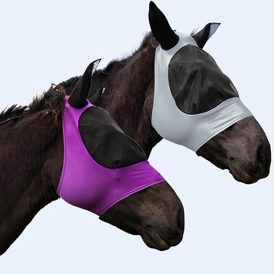 2 Piece Horse Fly Mask with Ears, Comfortable Fit Stretch Fabric Big Eye Space Soft Breathable with UV Protection for Full Horses (Purple-Gray)-PurrikoPets