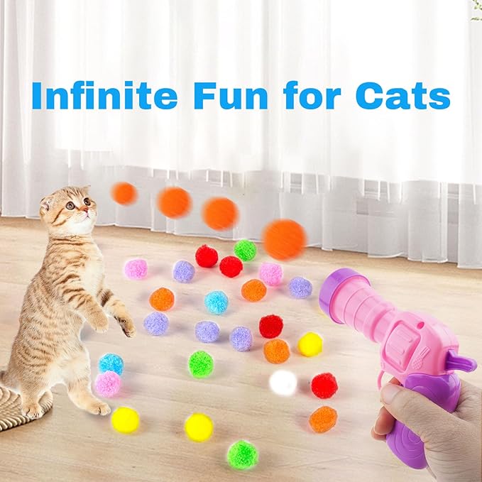 31Pcs Cat Ball Toy Launcher, 30Pcs Plush Fuzzy Balls, Cat Fetch Toy Gun Shooter for Indoor Kittens-PurrikoPets