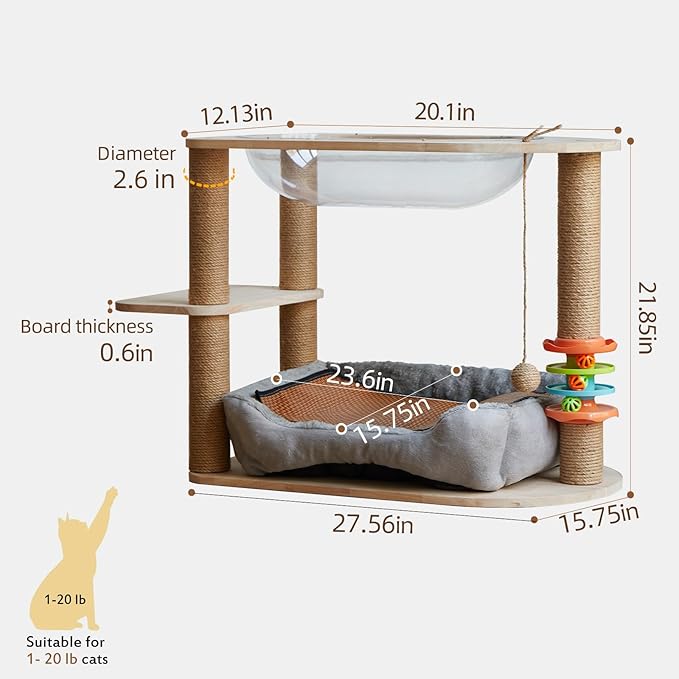 2 Tier Cat Tower,21.85 in cat Perch Wood cat condo with Hammock and Sisal Rope Scratcher Post Hanging Toy Balls for Indoor Large Cats Kittens (Grey)-PurrikoPets