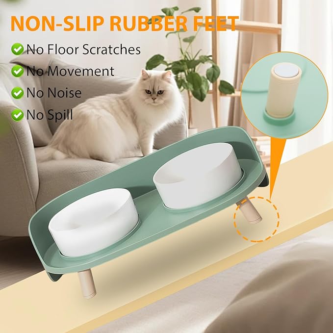 Elevated Dog Bowls Set, Ceramic Pet Food & Water Bowls with Non-Slip Stand, No Spill Design for Cats/Small Medium Dogs Green-PurrikoPets