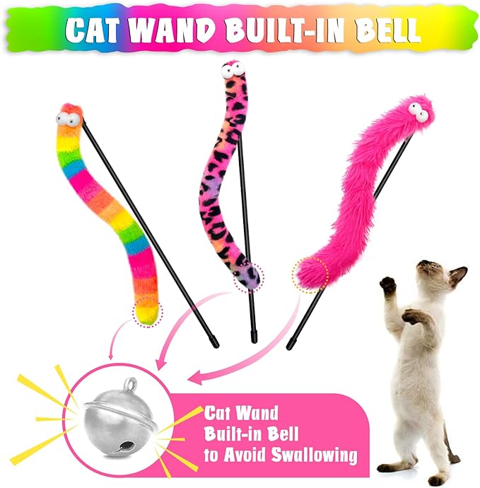 3 Pack Cat Wand Toy, Rainbow Cat Feather Toys with Bells, Teaser Wand with Soft Furry Tail, Interactive Toys for Indoor Cats & Kitten & Kitty-PurrikoPets