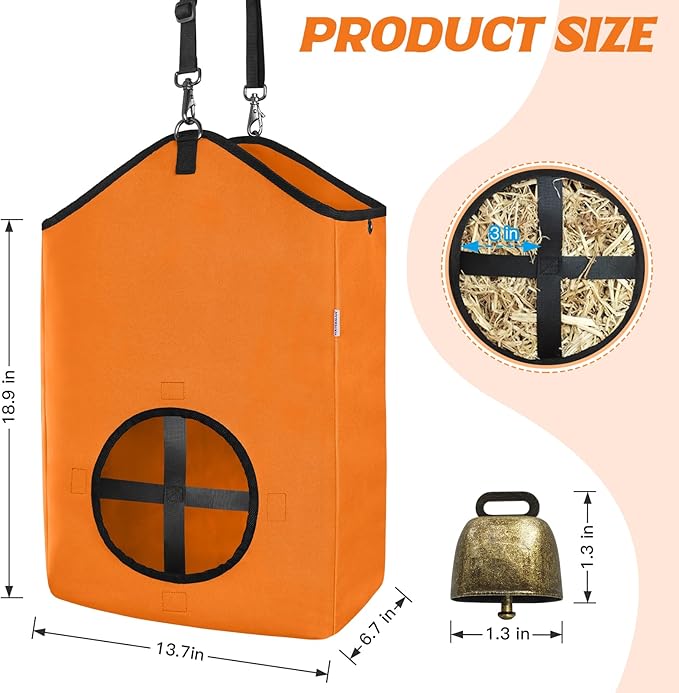 3 PCS Goat Hay Feeder,Hay Bags for Horses,Goats,Donkeys with Reinforced Oxford Fabric and High Strength Metal Clasp,Horse Feeding Supplies with Adjustable Strap for Easy Hanging (2Orange+1Black)-PurrikoPets