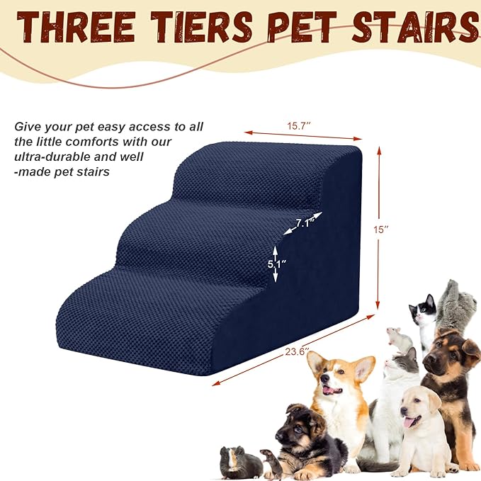 Dog Stairs for Small Dogs - High Density Foam Pet Steps, Extra Wide Dog Ramp with Non-Slip Bottom for High Beds, Couch and Sofa, Best for Dogs Injured, Older Doggy Cats, 3 Steps, Navy-PurrikoPets