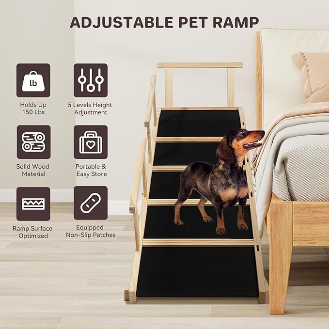 Dog Ramp for Bed PANTAZO Adjustable Ramps for Small Dogs to Get on Bed, Up to 28.5 Inches, 48'' Long,120lbs with Anti-Slip Grip & Safety Rail-PurrikoPets
