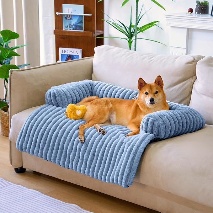 FUNNY FUZZY Pet Couch Cover for Sofa, Calming Dog Bed for Couch, Fluffy Plush Dog Couch Mat for Furniture Protector for Large Medium Small Dogs and Cats, Blue-PurrikoPets