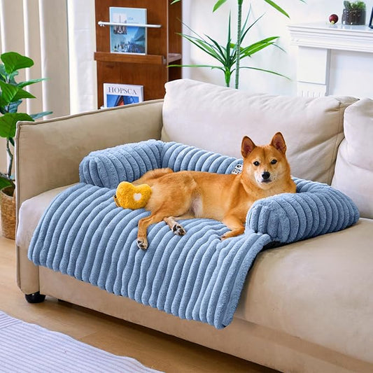 FUNNY FUZZY Pet Couch Cover for Sofa, Calming Dog Bed for Couch, Fluffy Plush Dog Couch Mat for Furniture Protector for Large Medium Small Dogs and Cats, Blue-PurrikoPets