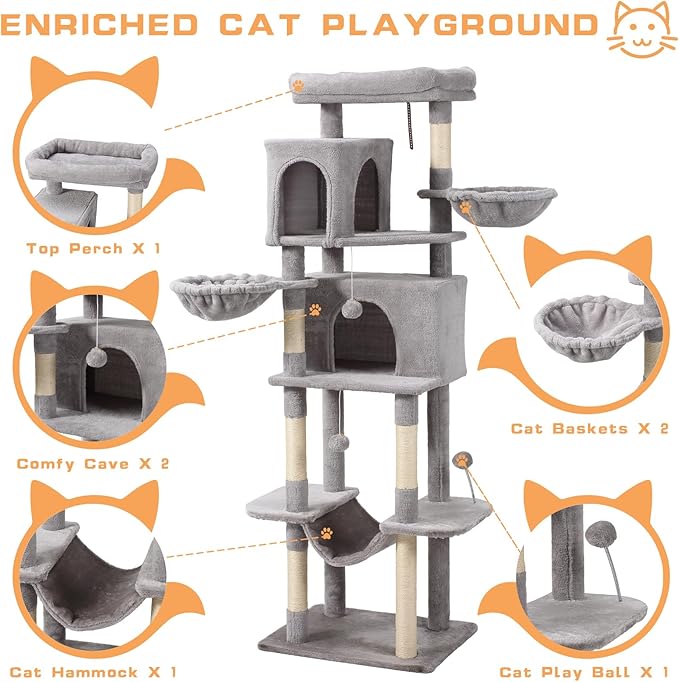 70-Inch Cat Tree,Large Cat Tree Tower with Hammock, Scratching Post, Condo and Multi-Level Cat Tower for Large Cats, Cat Activity Center Playhouse, Light Gray LCT016-PurrikoPets