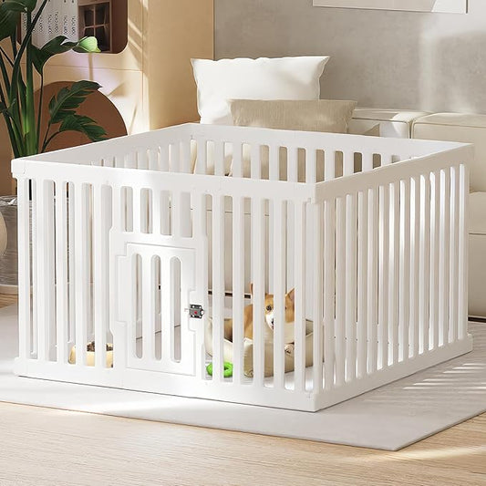 Dog Playpen with Door, 12 Panels Puppy Playpen, 25.6” H Dog Pen for Small Cats and Dogs, Pet Fence for Indoor & Outdoor, Non-Slip Pet Gate Made of Strong Plastic, White-PurrikoPets