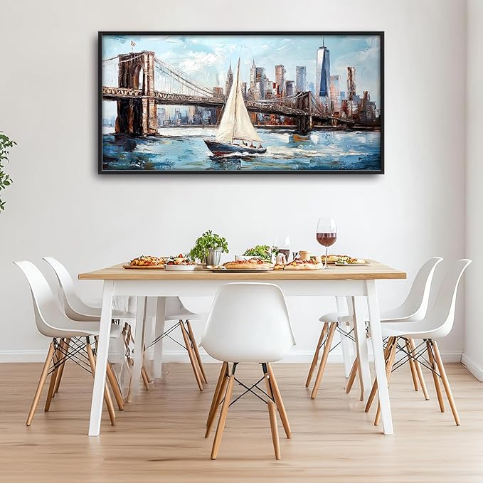 Extra Large Sailboat Framed Wall Art for Living Room,Oversized New York Brooklyn Bridge Pictures Wall Decor,Cityscape Canvas Print Painting Modern Artwork Bedroom Office Bathroom 60L" x 30W"-PurrikoPets