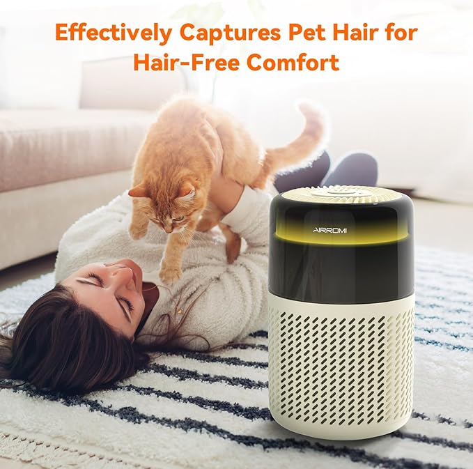 AIRROMI Air Purifier for Bedroom Home,HEPA Filter,Covers Upto 549 Ft²,Quiet 360°intake Air Cleaner with Fragrance ponge for Better Sleep,Night Light,Filters Smoke,Pet Dander,Allergies,Dust,A2005Yellow-PurrikoPets