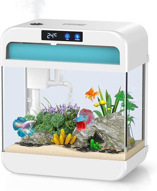 Fish Tank Aquarium 2.2 Gallon with 7 Color Auto-Looping Light, Fish Bowl with Humidifier 3 in 1 Pump - Filteration & Oxygenation & Circulation, Temperature Display, HD Float Glass, Thickened Base-PurrikoPets
