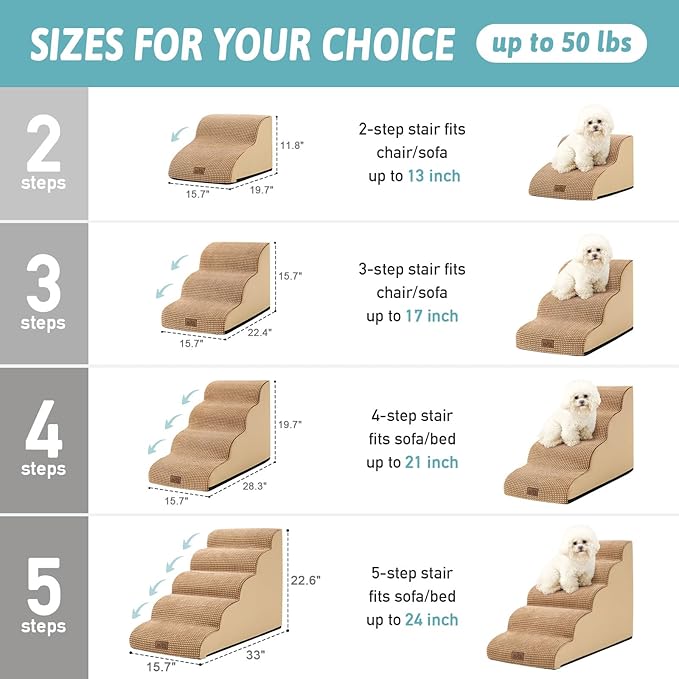 Dog Stairs for Small Dogs 15.7" H, Curved Dog Step for Puppy, Older Cat, Medium Pet Ramp for Sofa, Couch or Chair, Ladder with High Density Foam, 15.7x22.4x15.7 inch, 3 Step, Light Brown-PurrikoPets