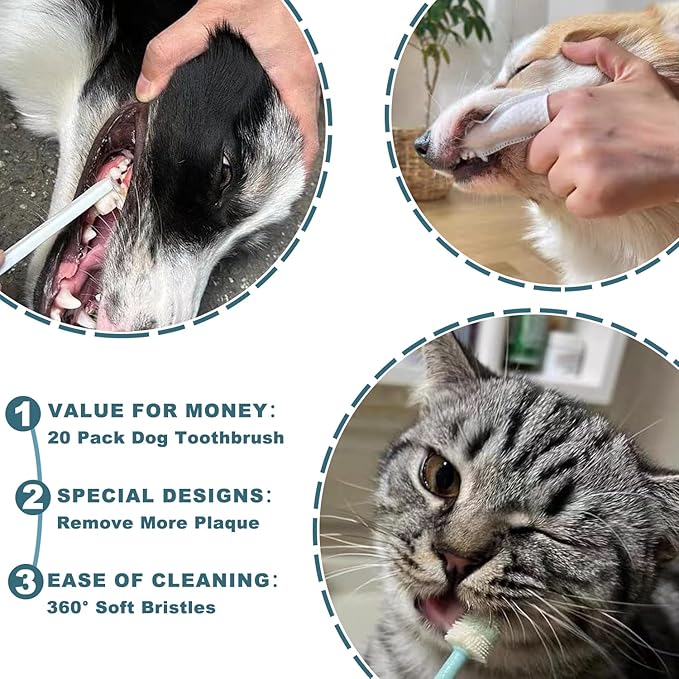 Dog Toothbrush Kit, 360-Degree Finger Three-Sided Design, Replaceable Tooth Brush Heads,Easy Teeth Cleaning & Dental Care, 20Pack-PurrikoPets