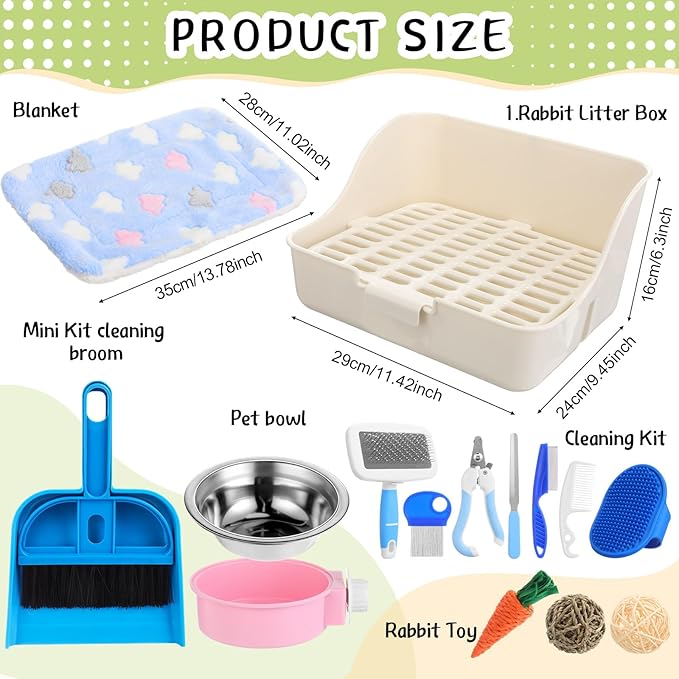 15 Pcs Rabbit Starter Kit Small Rabbit Litter Box Animal Grooming Kit Bunny Toys Bowl Blankets with Cleaning Set for Guinea Pig Accessories(Multicolor)-PurrikoPets