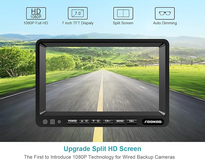 Fookoo Ⅱ 7" HD 1080P Wired Backup Camera System, 7-inch Dual Split Screen Monitor W/Recording IP69 Waterproof Front View Rear View Camera Parking Lines for Truck/Trailer/RV/Skid Steer (FHD2)-PurrikoPets