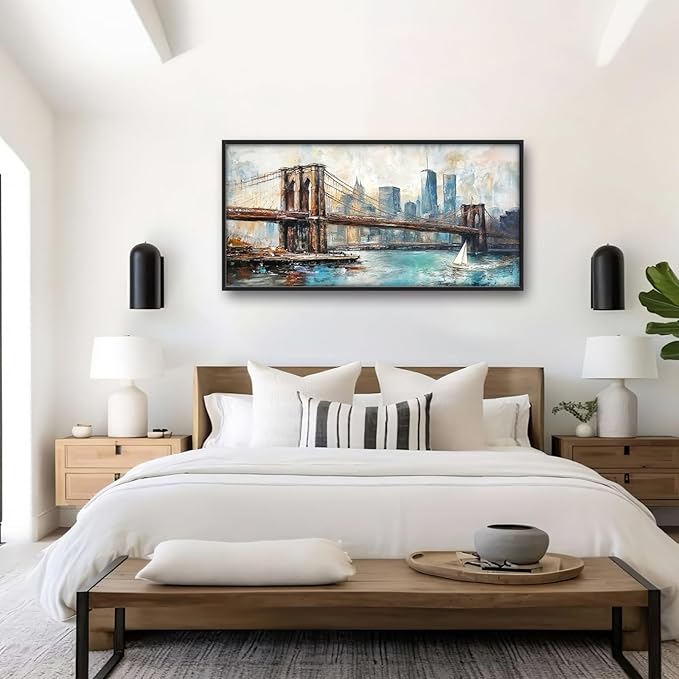 Extra Large Framed Brooklyn Bridge Wall Art,New York City Wall Decor,Abstract Skyline Cityscape Pictures for Living Room,Canvas Print Painting Modern Artwork Bedroom Office Bathroom 60L x30W-PurrikoPets