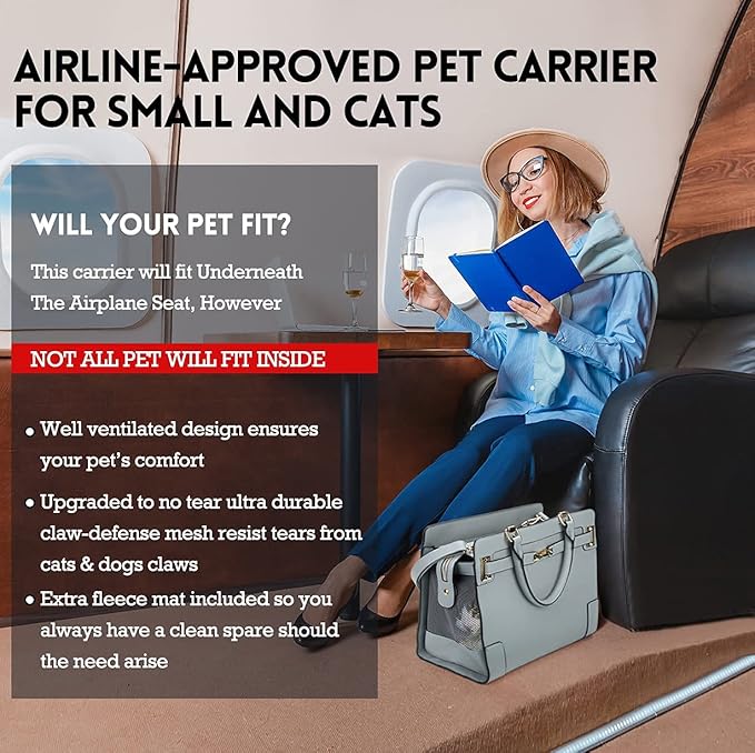 Fashion Pet Carrier Dog Cat Carrier Purse Soft-Sided Leather Handbag Pet Tote Bag for Small Dogs Puppy and Cats TSA Airline Approved (Grey)-PurrikoPets