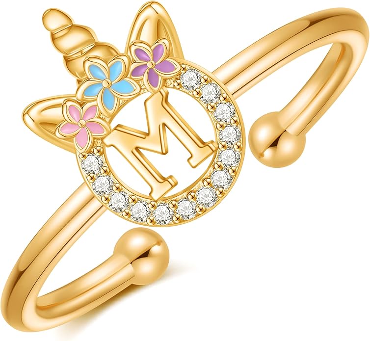 Unicorn Rings Gifts for Girls - Adjustable Initial Ring Dainty Cute Unicorn Rings for Girl Teens Little Girls Jewelry Birthday Gift