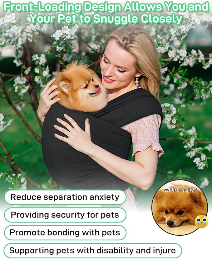 Dog Sling Swaddle Carrier for Small Dog, Cat Front Carriers for Small Pet up to 20lbs, Puppy Pouch with Adjustable Straps, Hands Free Pet Sling, Anti Anxiety Puppy Sling (Black)-PurrikoPets