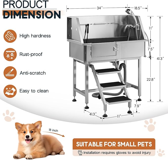 Albott 34 Inch Stainless Steel Dog Washing Station with Non-Slip Steps, Sprayer, Faucet, Tow Rope – Professional Pet Bathtub for Small Dogs, Great for Home, Garage, Salon (Left Door)-PurrikoPets