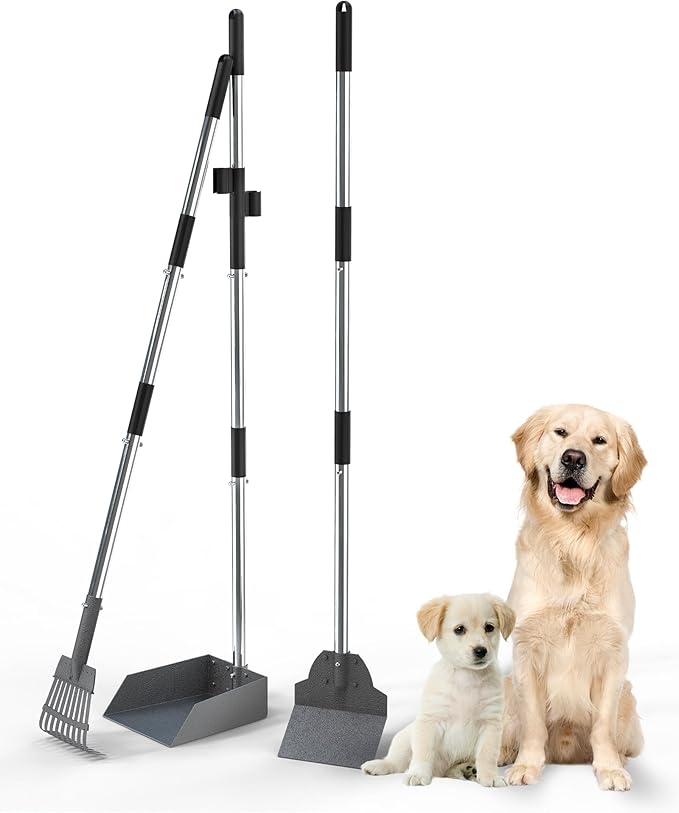 Dog Pooper Scooper Set, Stainless Metal Tray Rake Spade 3 Pack, Long Handle Pet Waste Scooper for Large Medium Small Dogs, Heavy Duty Poop Scooper for Yard, Grass, Dirt or Gravel-PurrikoPets