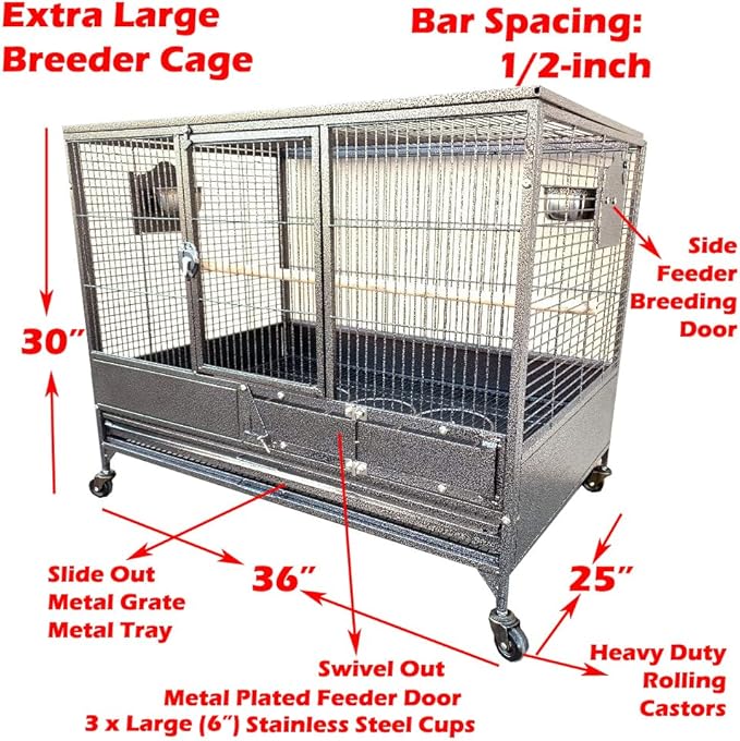 Extra Large Single Stacker Strong Heavy Duty Wrought Iron Breeder Parrot Aviary Bird Breeding Breeder Cage with Side Nest Breeding Doors On Wheels-PurrikoPets