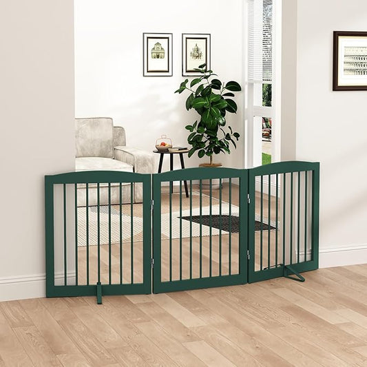 Freestanding Pet Gate for Dogs, Foldable Wooden Dog Gate for House, Indoor Dog Gate for Doorways, Stairs, Step Over Pet Puppy Safety Fence, Support Feet Included,24" Height 3 Panels,Green-PurrikoPets