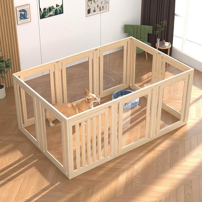 10 Panels Dog Playpen with Door, 23.6" H Pet Playpen Indoor, Clear Acrylic Puppy Playpens, Wooden Puppy Fence with Gate, Transparent Dog Pens, Pet Pen Indoor for Dogs, Cats, Rabbit (Wood)-PurrikoPets