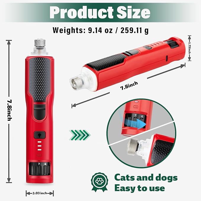 Dog Nail Grinder 7-Speed & 360° LED Light, Professional Pet Nail Grinder for Dogs and Cats, Electric Dog Nail Trimmer Painless Paws Grooming & Smoothing Tool for Large Medium Small Dogs Cats Pets-PurrikoPets