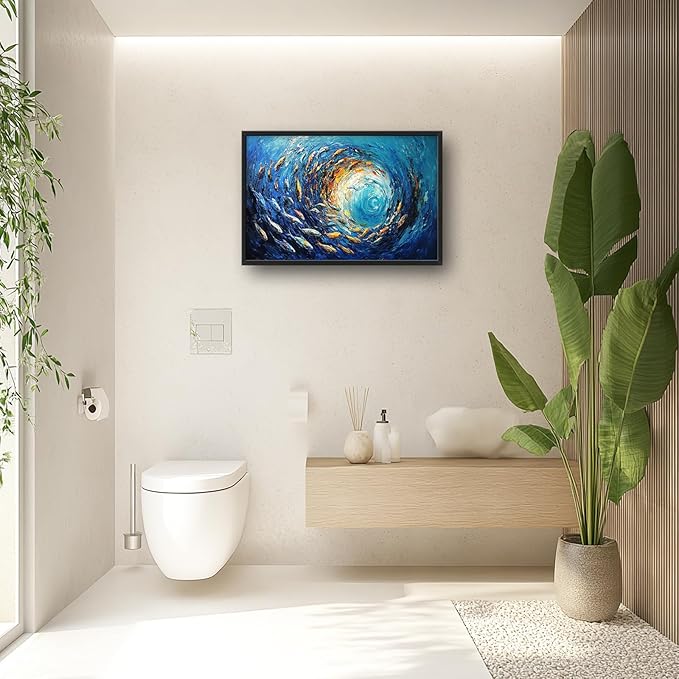 Extra Large Framed Abstract Ocean Fish Wall Art,Oversized Blue Sea Nautical Fish Wall Decor Pictures for Living Room,Canvas Print Painting Modern Artwork Bedroom Office Bathroom Home Decor 36L x24W-PurrikoPets