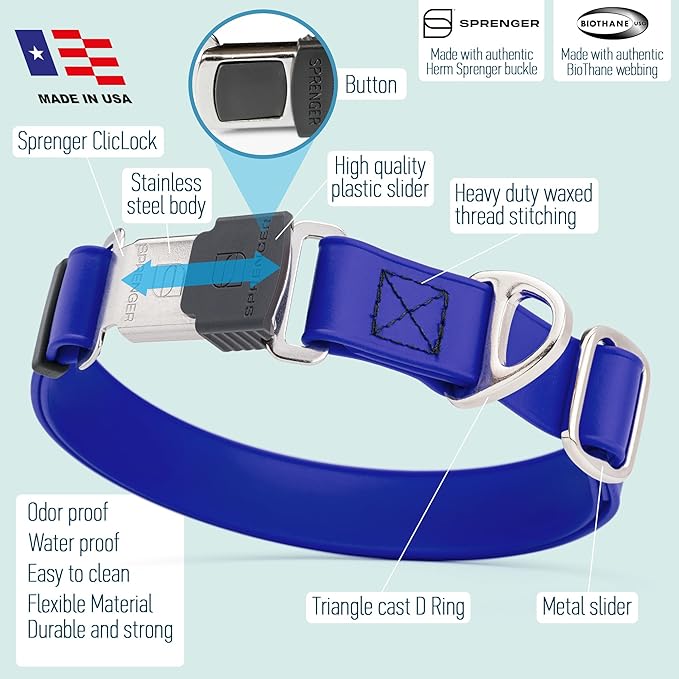 Dogline Biothane Waterproof Dog Collar with Herm Sprenger Stainless Steel Quick Release Buckle – Heavy Duty Tactical Durable Collar for Dogs – Comfortable and Safe Pet Collar W 3/4" L 12-19" Blueberry-PurrikoPets
