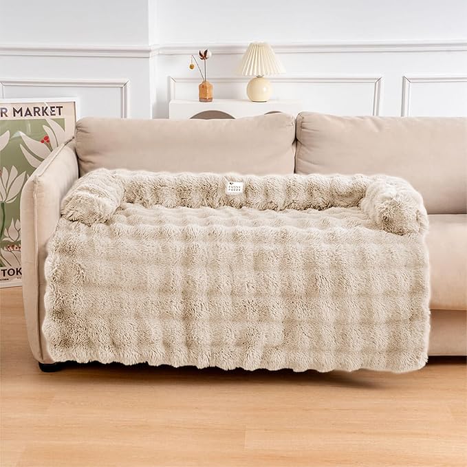 FUNNY FUZZY Pet Fluffy Plush Calming Dog Couch Bed Sofa Protector Washable Pets Mat for Large Medium Small Dogs and Cats (Coffee,47.24 × 37.4 × 6.3 in)-PurrikoPets