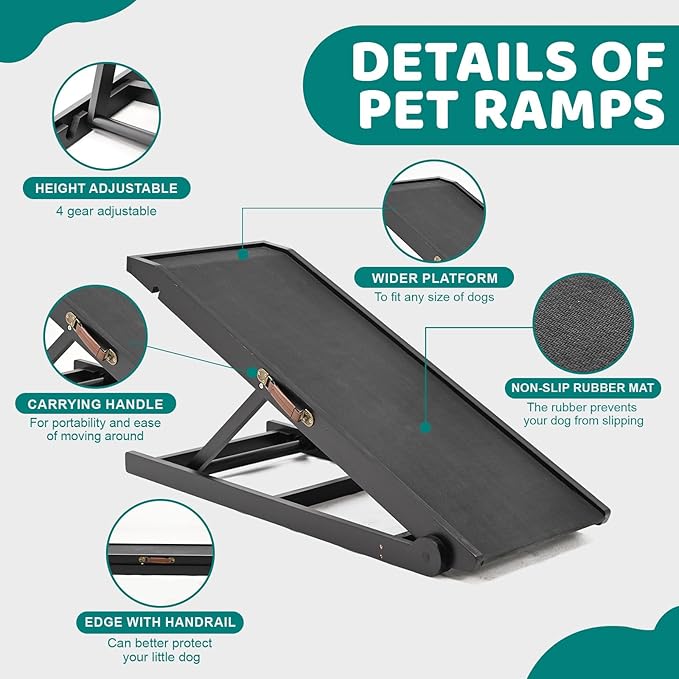 Dog Ramp for Bed, Adjustable Pet Ramps for Dog to Get on Bed, Non-Slip Rubber Surface - Folding Wooden Dog Ramp for Small/Large/Old Dogs, Adjustable up to 19.5 inch High Beds-PurrikoPets