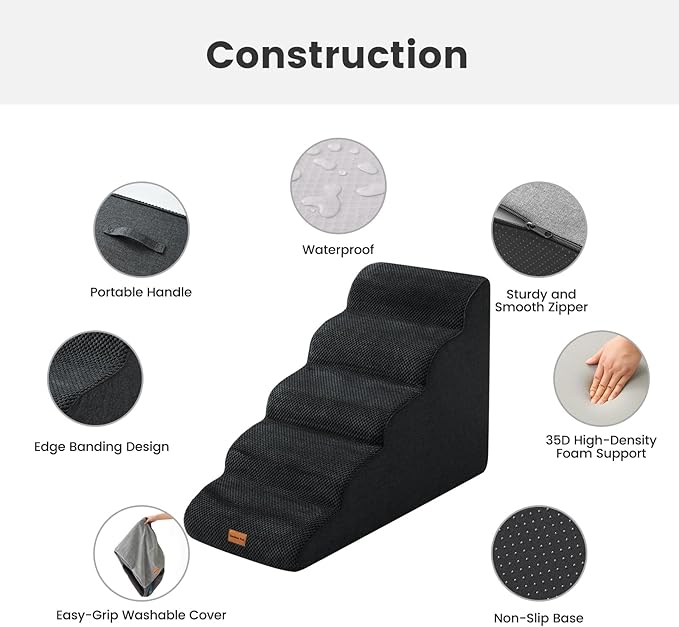 Gardner Pet Dog Stairs for Small Dogs 22.8" H, 5-Step Black Curved Pet Stairs, Dog Steps for High Bed, Couch (24-30 in) with Durable Non-Slip Waterproof Fabric Cover and CertiPUR-US Certified Foam-PurrikoPets