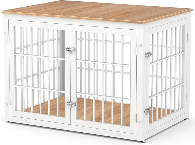 42 Inch Heavy Duty Dog Crate Furniture for Large and Medium Dogs, Decorative Pet House End Table, Wooden Cage Kennel Furniture Indoor, Natural and White-PurrikoPets