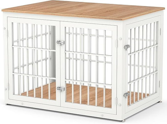 42 Inch Heavy Duty Dog Crate Furniture for Large and Medium Dogs, Decorative Pet House End Table, Wooden Cage Kennel Furniture Indoor, Natural and White-PurrikoPets