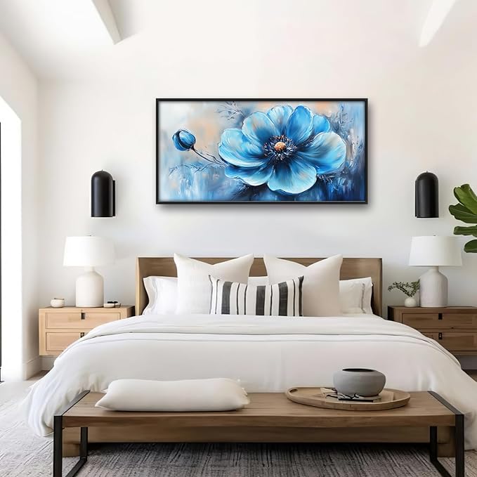 Extra Large Abstract Blue Flower Framed Wall Art for Living Room,Oversized Elegant Floral Pictures Wall Decor,Canvas Print Painting Modern Artwork Bedroom Office Bathroom 60L" x 30W"-PurrikoPets