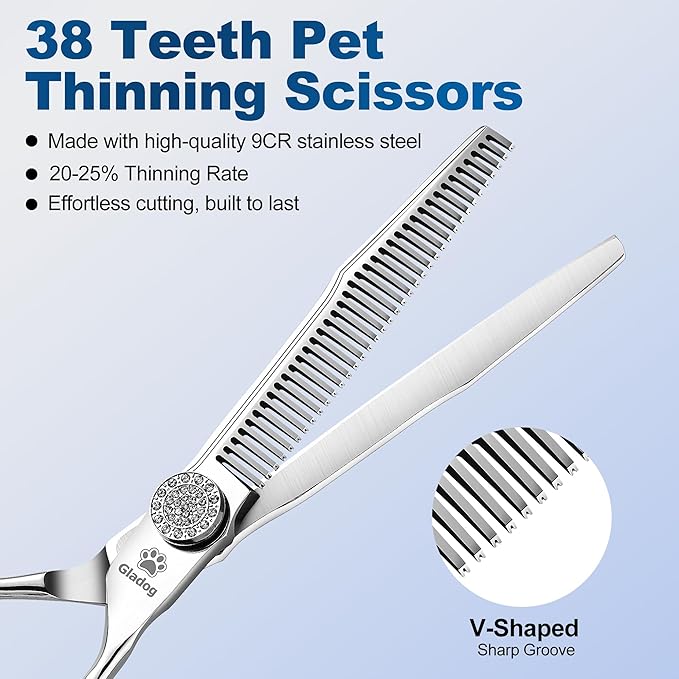 GLADOG 6.5" 9CR Thinning Shears for Dogs - Professional Dog Thinning Scissors with Luxurious Diamond Pivot Nut, Ideal Dog Grooming Scissors for Reducing Bulk, Dog Shears，Dogs Scissor for Grooming-PurrikoPets
