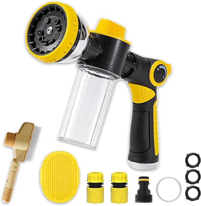 Dog Wash Hose Attachment, 10-in-1 Spray Mode Pet Shower Soap Sprayer with Grooming Comb Rubber Brush, Hose Nozzle with 100cc Soap Dispenser, for Watering, Car Wash, Dog and Horse Showering (Yellow)-PurrikoPets