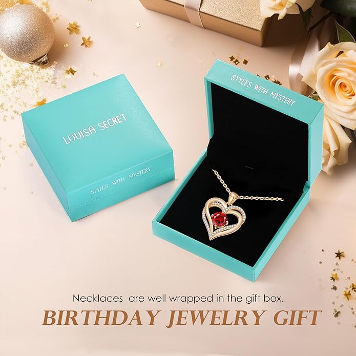 LOUISA SECRET Love Heart Birthstone Necklaces for Women, Birthday Gift for Girlfriend, Anniversary Jewelry Gift for Wife Her, 925 Sterling Silver Women Pendant Necklace, Mother's Day Christams Gift