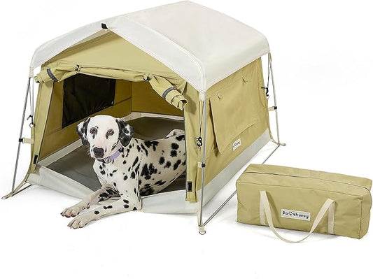 Dog Tent Cotton Fabric, Aluminum Poles and Camping Mat, Outdoor Weatherproof, Dog House Outdoor, Breathable with 2 Side Windows, Portable and Collapsible (Green, Large)-PurrikoPets