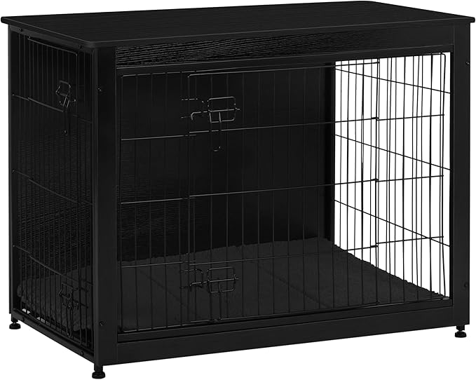 DWANTON Dog Crate Furniture with Cushion, Wooden Kennel Table with Double Doors, Indoor Dog House, Large Size, 38.5" L, Black-PurrikoPets