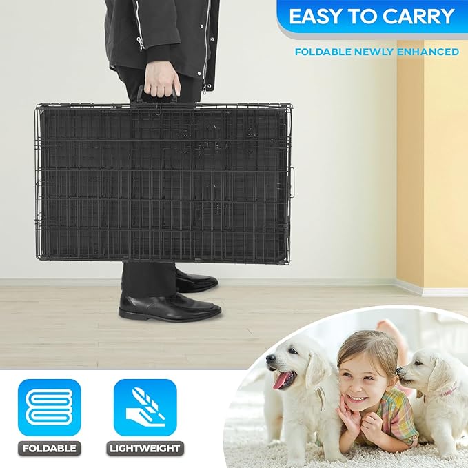 FDW Dog Crate for Small Dogs 18 Inch Folding Metal Wire Pet Cage Double Door W/Divider Panel Indoor Outdoor Kennel Leak-Proof Plastic Tray,Black-PurrikoPets